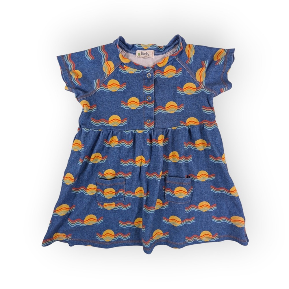 The Bonnie Mob Girls Blue Sun Wave Print Jersey Dress Size 3-4Y Retro Graphic